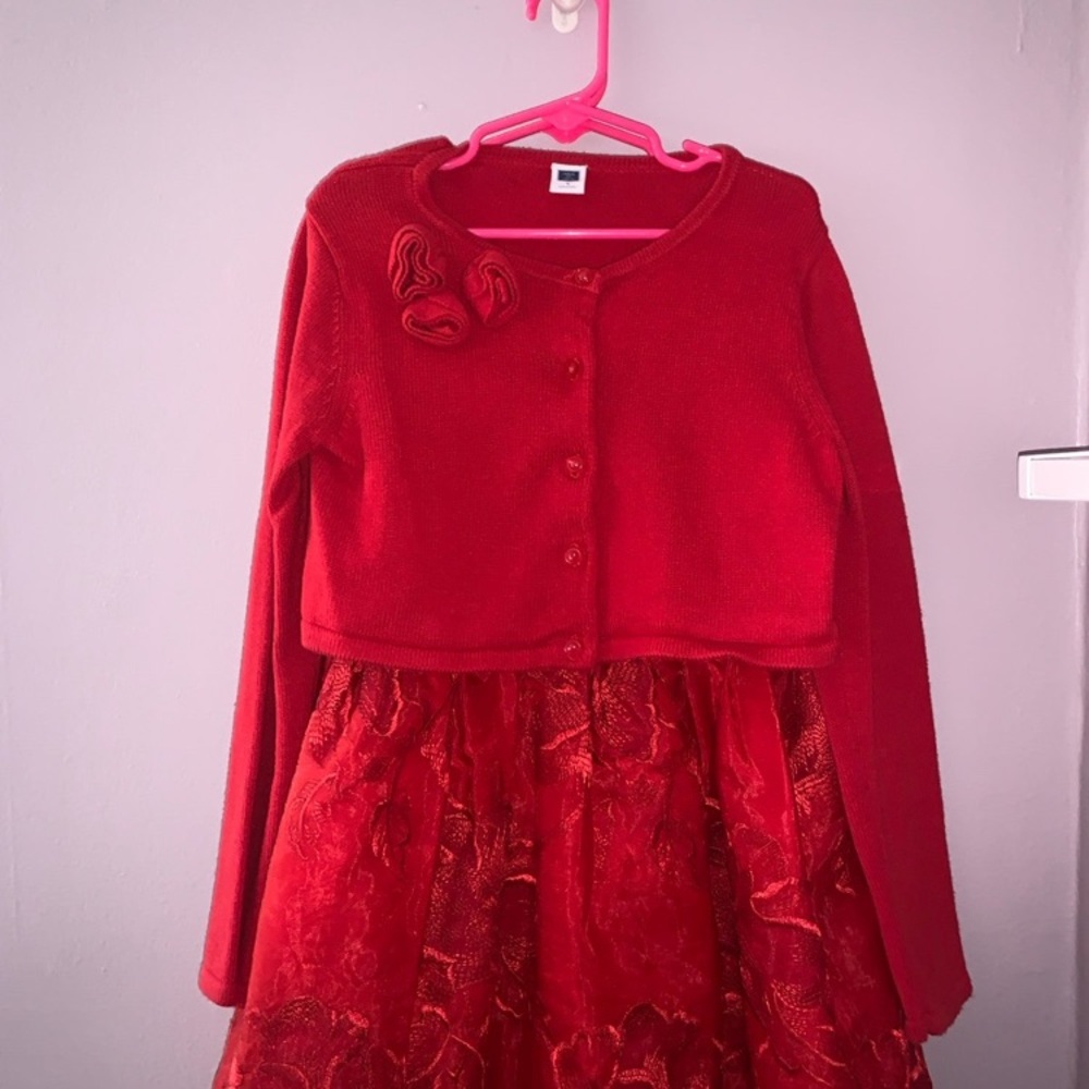 Janie and Jack Holiday Red Knit Cardigan & Floral Dress